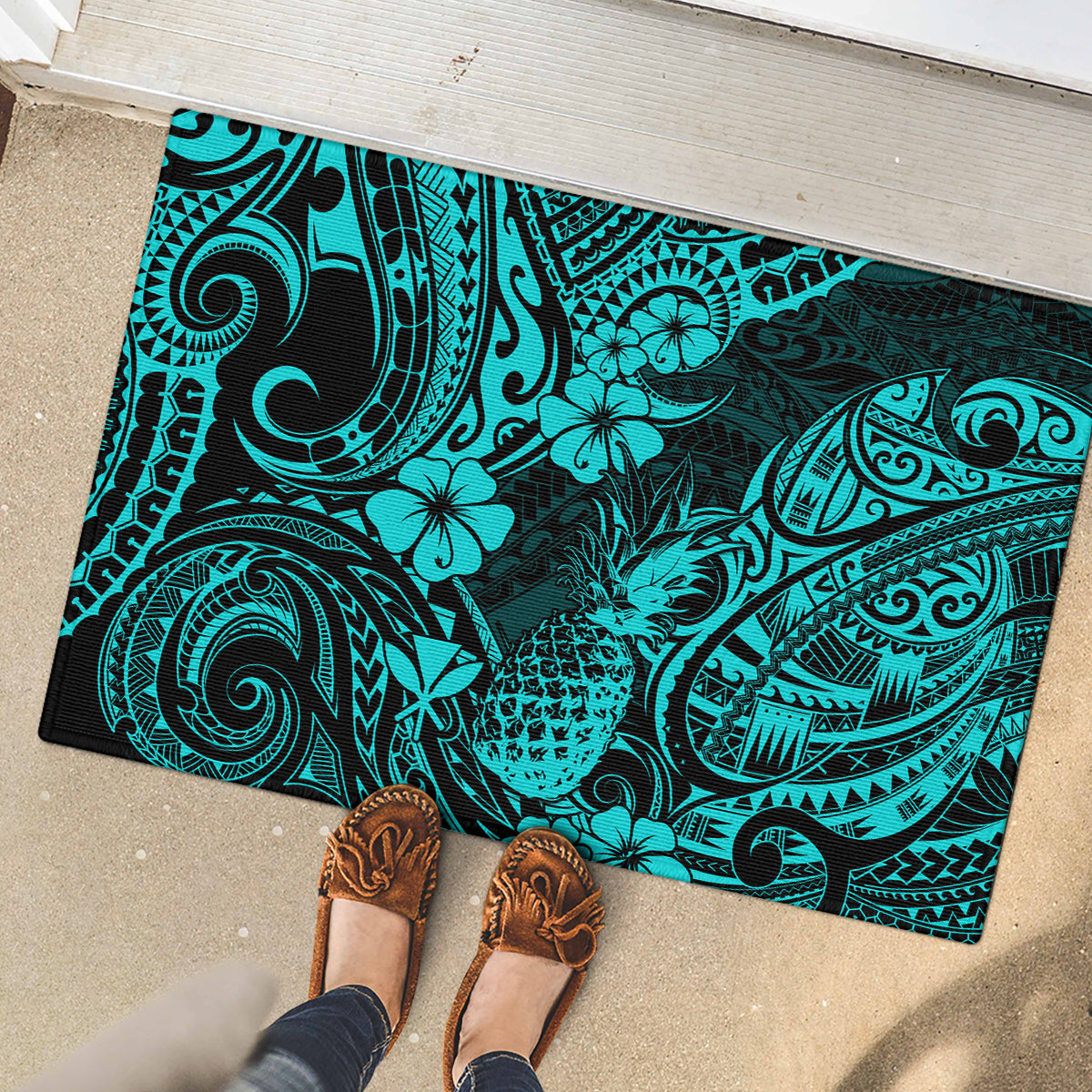 Hawaii Pineapple Rubber Doormat Polynesian Pattern Turquoise Version - Wonder Print Shop