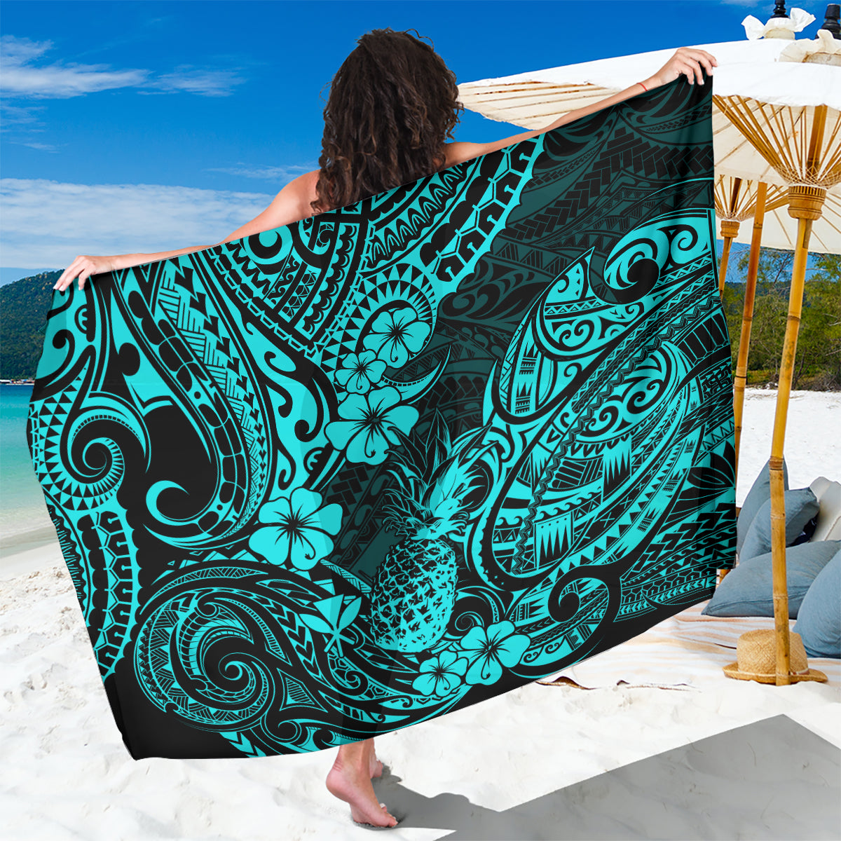 Hawaii Pineapple Sarong Polynesian Pattern Turquoise Version - Wonder Print Shop