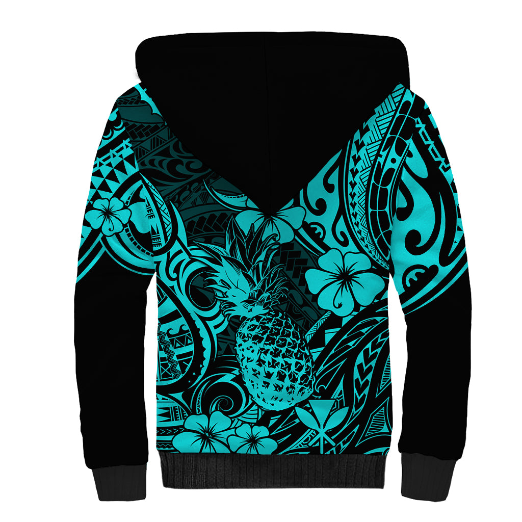 Hawaii Pineapple Sherpa Hoodie Polynesian Pattern Turquoise Version - Wonder Print Shop