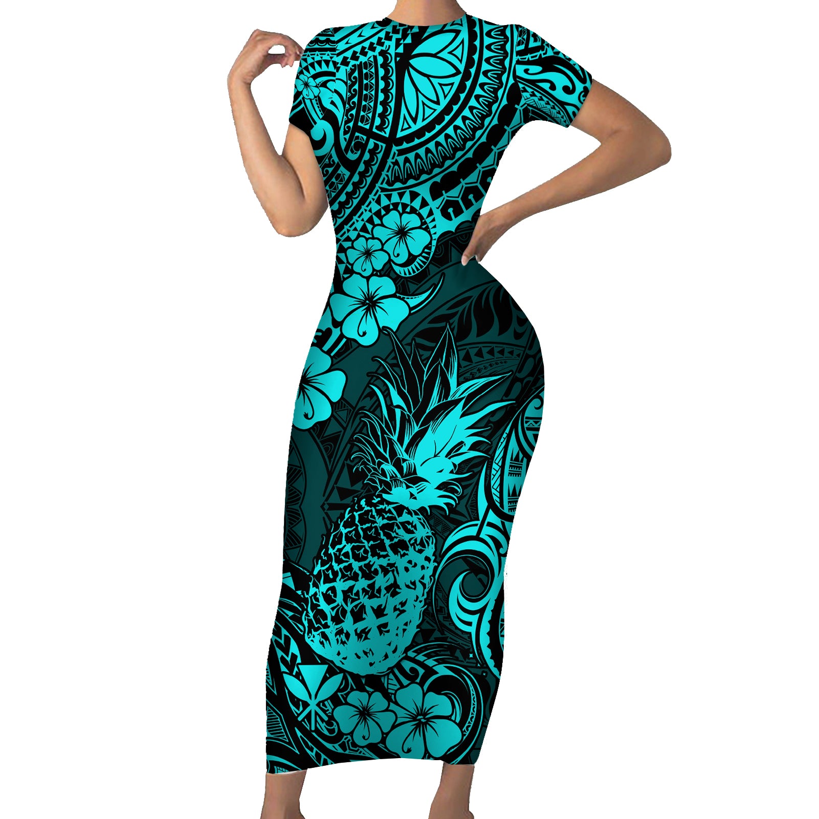 Hawaii Pineapple Short Sleeve Bodycon Dress Polynesian Pattern Turquoise Version - Wonder Print Shop