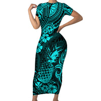 Hawaii Pineapple Short Sleeve Bodycon Dress Polynesian Pattern Turquoise Version - Wonder Print Shop