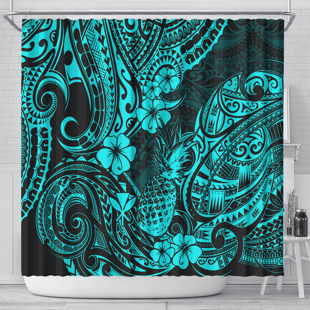 hawaii-pineapple-shower-curtain-polynesian-pattern-turquoise-version