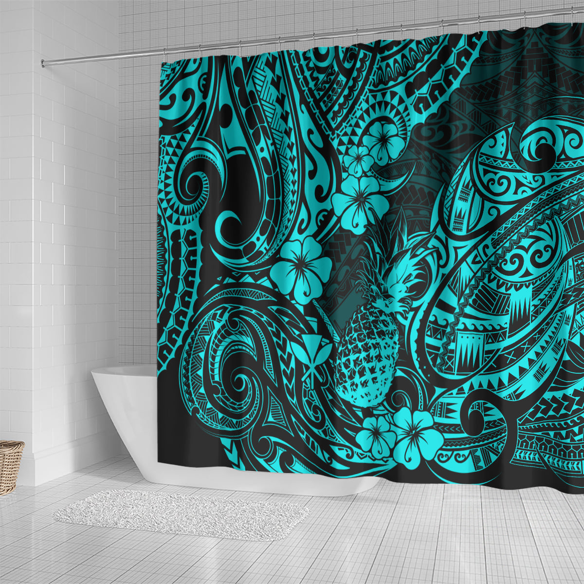 hawaii-pineapple-shower-curtain-polynesian-pattern-turquoise-version