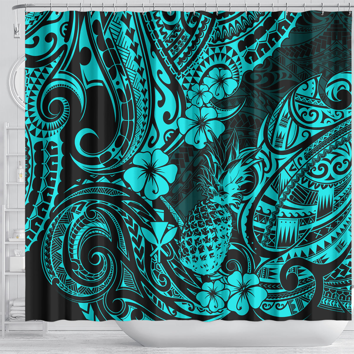 hawaii-pineapple-shower-curtain-polynesian-pattern-turquoise-version