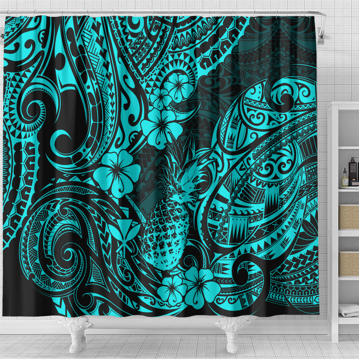 hawaii-pineapple-shower-curtain-polynesian-pattern-turquoise-version