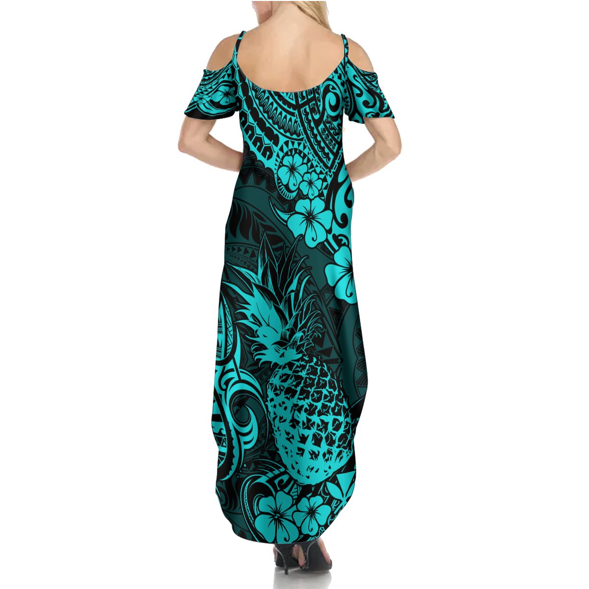 Hawaii Pineapple Summer Maxi Dress Polynesian Pattern Turquoise Version - Wonder Print Shop