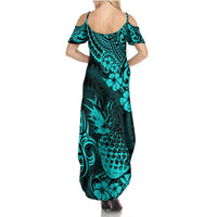 Hawaii Pineapple Summer Maxi Dress Polynesian Pattern Turquoise Version - Wonder Print Shop