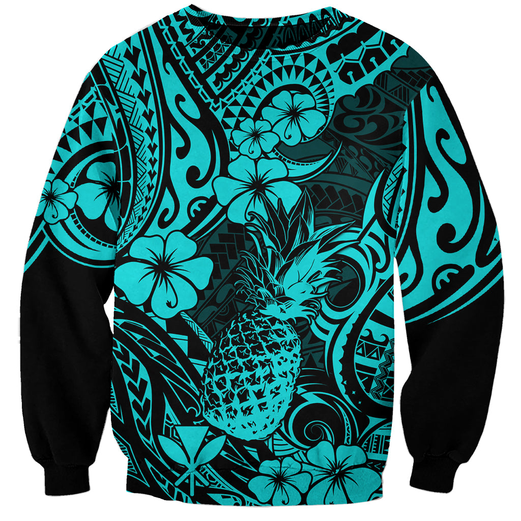 Hawaii Pineapple Sweatshirt Polynesian Pattern Turquoise Version - Wonder Print Shop