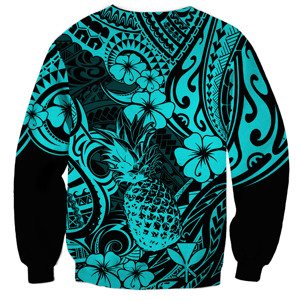 Hawaii Pineapple Sweatshirt Polynesian Pattern Turquoise Version - Wonder Print Shop