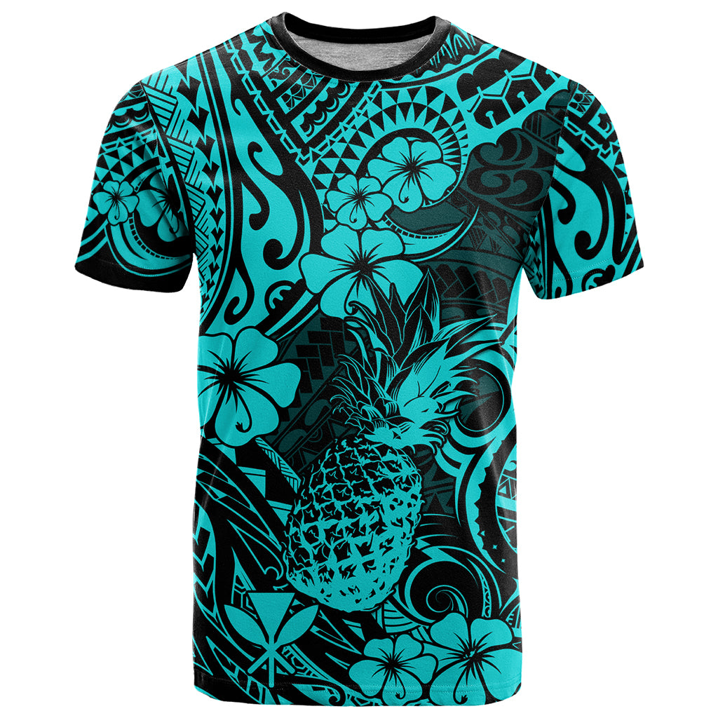 Hawaii Pineapple T Shirt Polynesian Pattern Turquoise Version - Wonder Print Shop