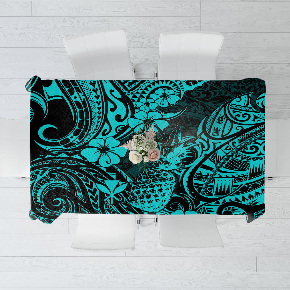 Hawaii Pineapple Tablecloth Polynesian Pattern Turquoise Version - Wonder Print Shop