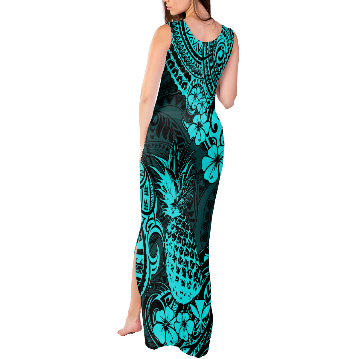 Hawaii Pineapple Tank Maxi Dress Polynesian Pattern Turquoise Version - Wonder Print Shop