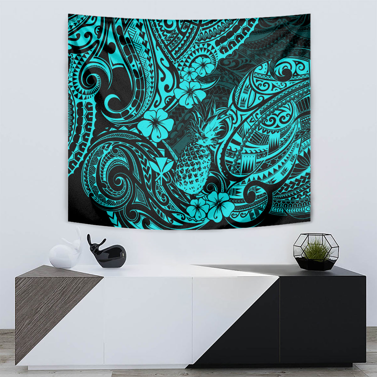 Hawaii Pineapple Tapestry Polynesian Pattern Turquoise Version - Wonder Print Shop
