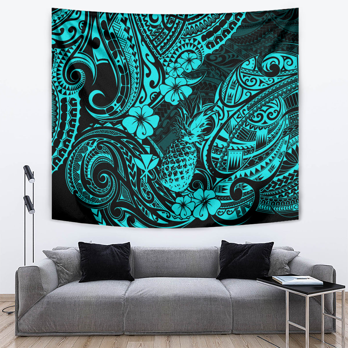 Hawaii Pineapple Tapestry Polynesian Pattern Turquoise Version - Wonder Print Shop