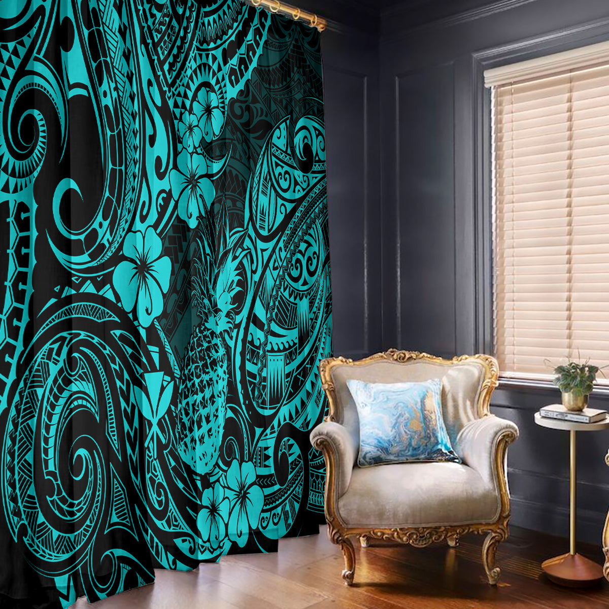 Hawaii Pineapple Window Curtain Polynesian Pattern Turquoise Version - Wonder Print Shop