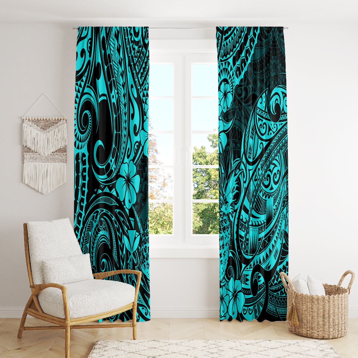 Hawaii Pineapple Window Curtain Polynesian Pattern Turquoise Version - Wonder Print Shop