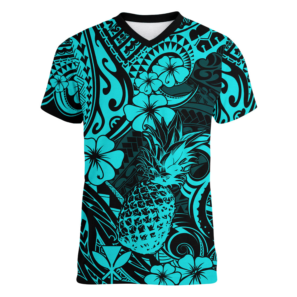 Hawaii Pineapple Women V Neck T Shirt Polynesian Pattern Turquoise Version - Wonder Print Shop