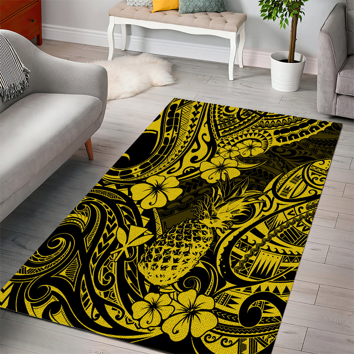 Hawaii Pineapple Area Rug Polynesian Pattern Yellow Version - Wonder Print Shop