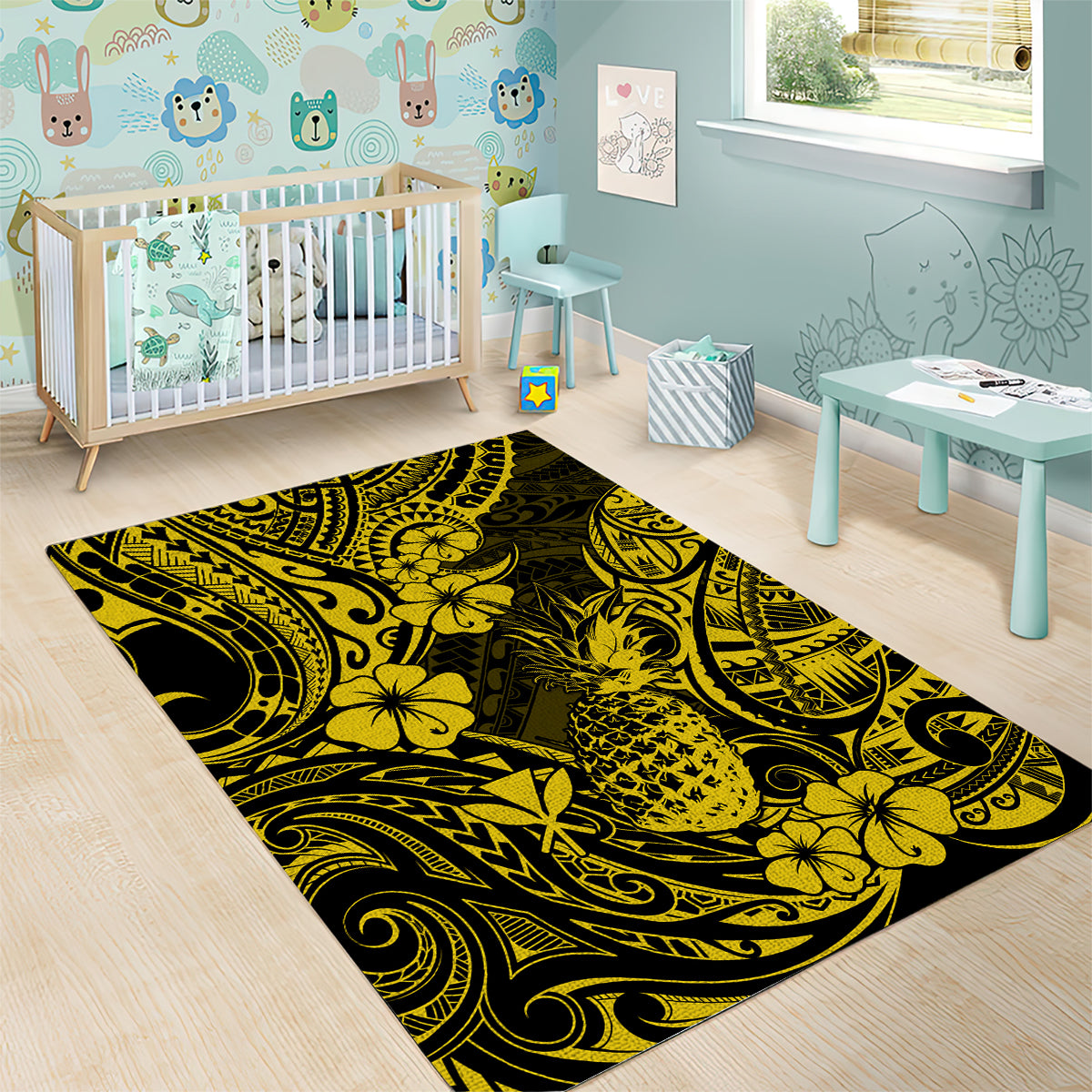 Hawaii Pineapple Area Rug Polynesian Pattern Yellow Version - Wonder Print Shop