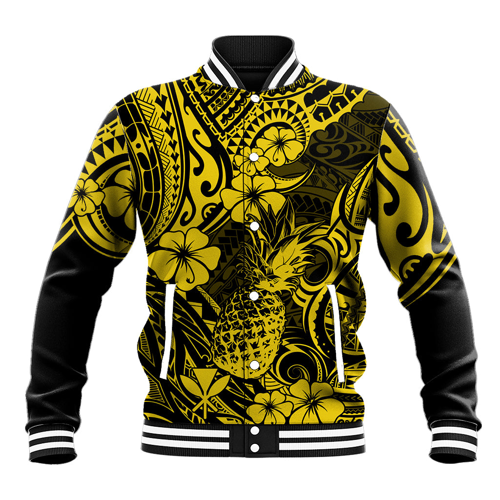 Hawaii Pineapple Baseball Jacket Polynesian Pattern Yellow Version - Wonder Print Shop