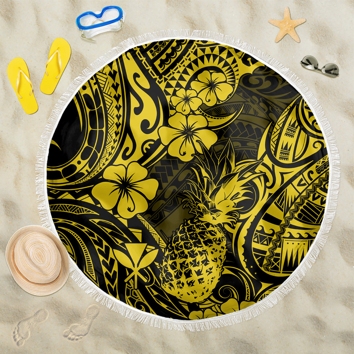 Hawaii Pineapple Beach Blanket Polynesian Pattern Yellow Version - Wonder Print Shop