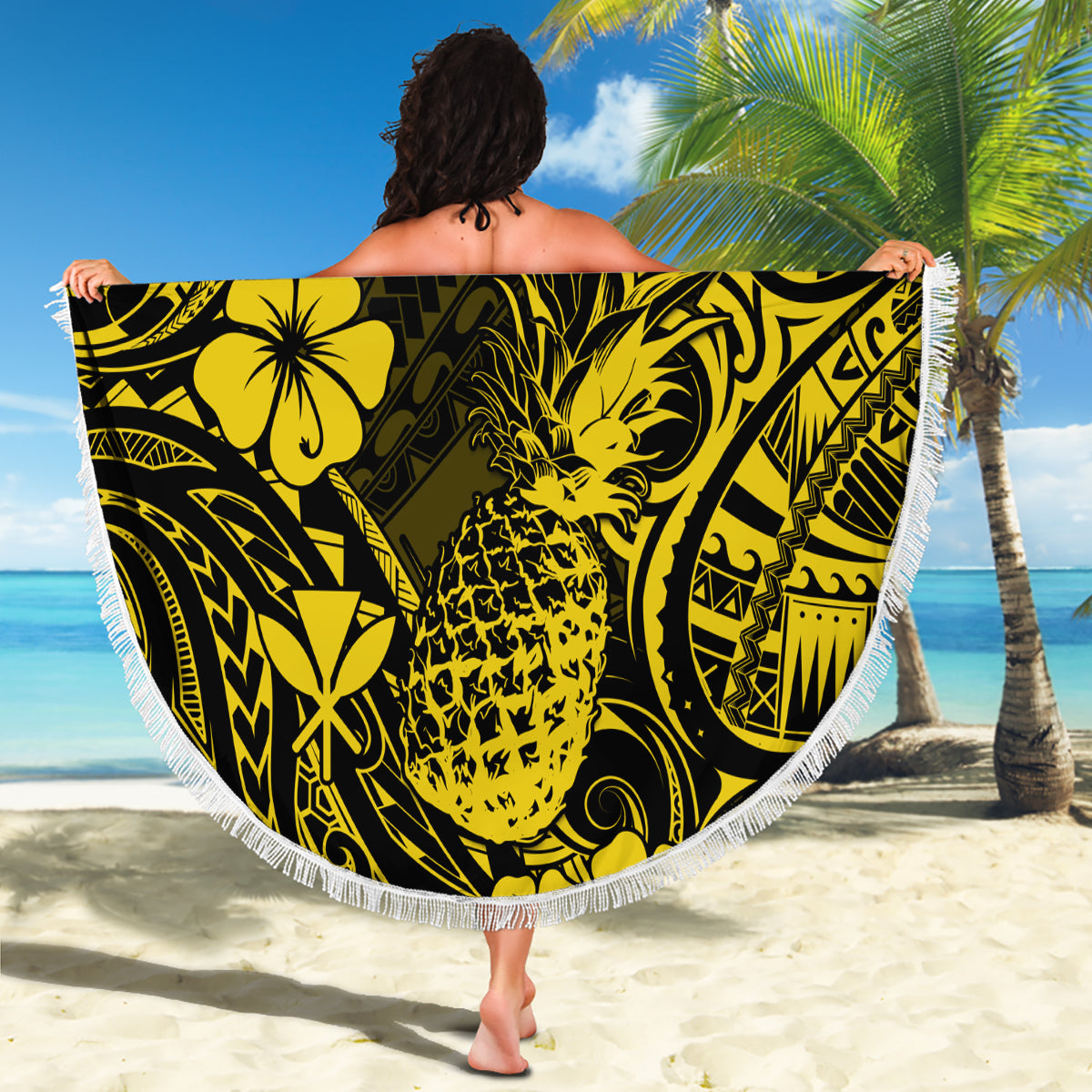 Hawaii Pineapple Beach Blanket Polynesian Pattern Yellow Version - Wonder Print Shop