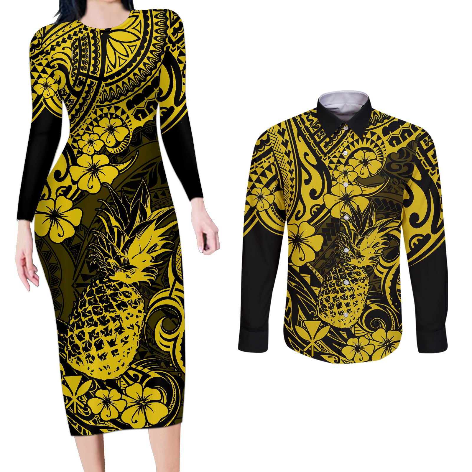 Hawaii Pineapple Couples Matching Long Sleeve Bodycon Dress and Long Sleeve Button Shirts Polynesian Pattern Yellow Version - Wonder Print Shop