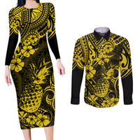 Hawaii Pineapple Couples Matching Long Sleeve Bodycon Dress and Long Sleeve Button Shirts Polynesian Pattern Yellow Version - Wonder Print Shop