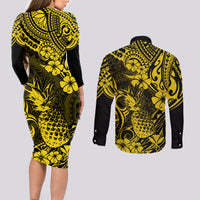 Hawaii Pineapple Couples Matching Long Sleeve Bodycon Dress and Long Sleeve Button Shirts Polynesian Pattern Yellow Version - Wonder Print Shop