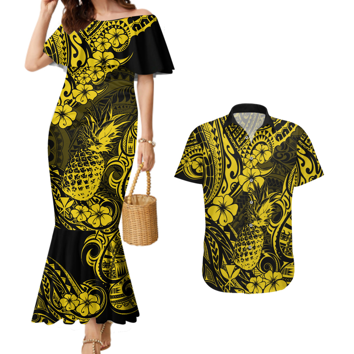 Hawaii Pineapple Couples Matching Mermaid Dress and Hawaiian Shirt Polynesian Pattern Yellow Version - Wonder Print Shop
