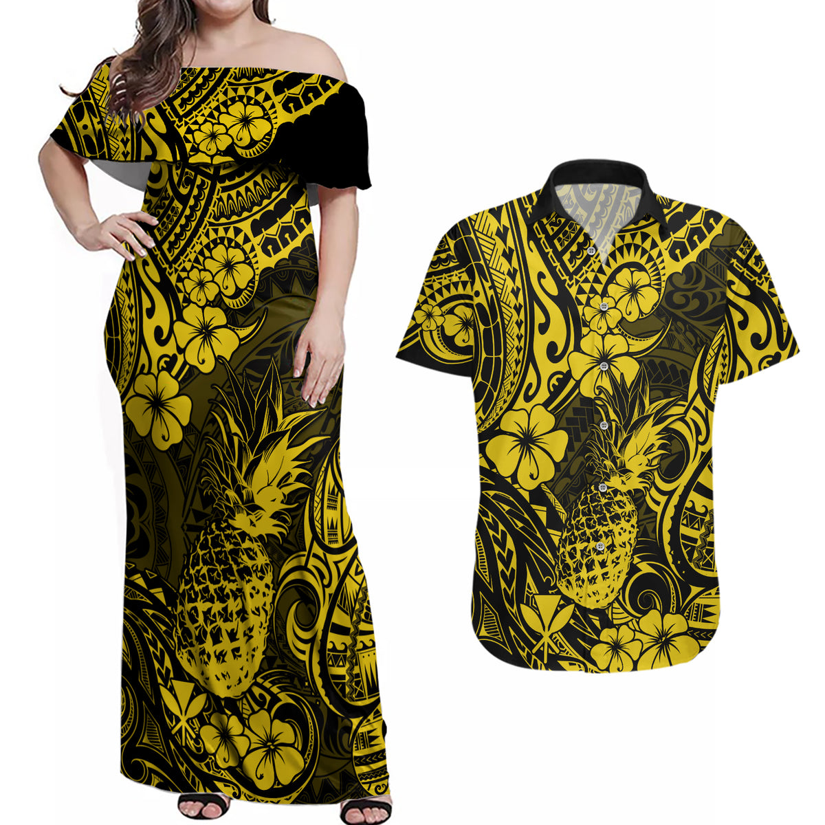 Hawaii Pineapple Couples Matching Off Shoulder Maxi Dress and Hawaiian Shirt Polynesian Pattern Yellow Version - Wonder Print Shop