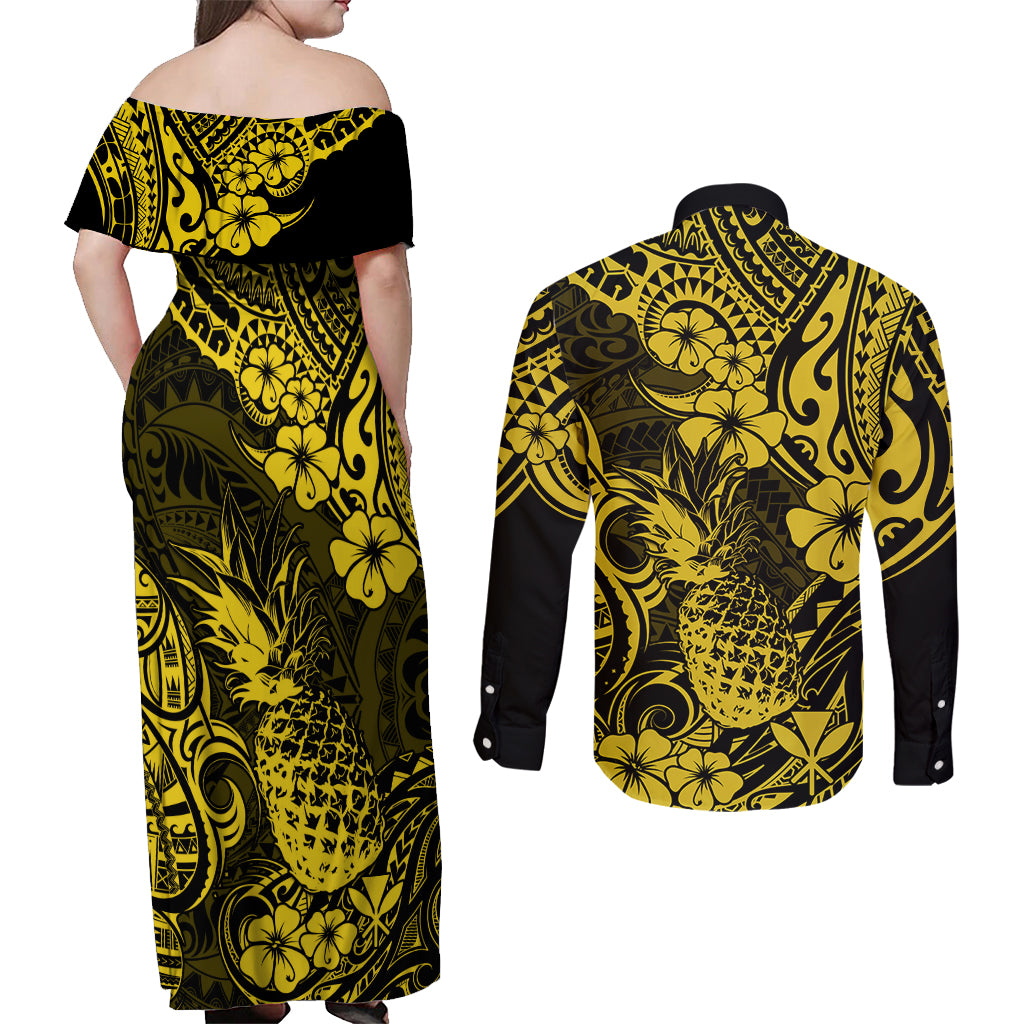 Hawaii Pineapple Couples Matching Off Shoulder Maxi Dress and Long Sleeve Button Shirts Polynesian Pattern Yellow Version - Wonder Print Shop