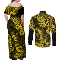 Hawaii Pineapple Couples Matching Off Shoulder Maxi Dress and Long Sleeve Button Shirts Polynesian Pattern Yellow Version - Wonder Print Shop