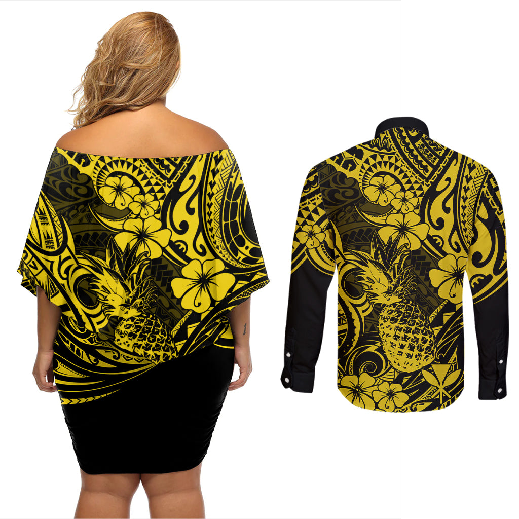 Hawaii Pineapple Couples Matching Off Shoulder Short Dress and Long Sleeve Button Shirts Polynesian Pattern Yellow Version - Wonder Print Shop