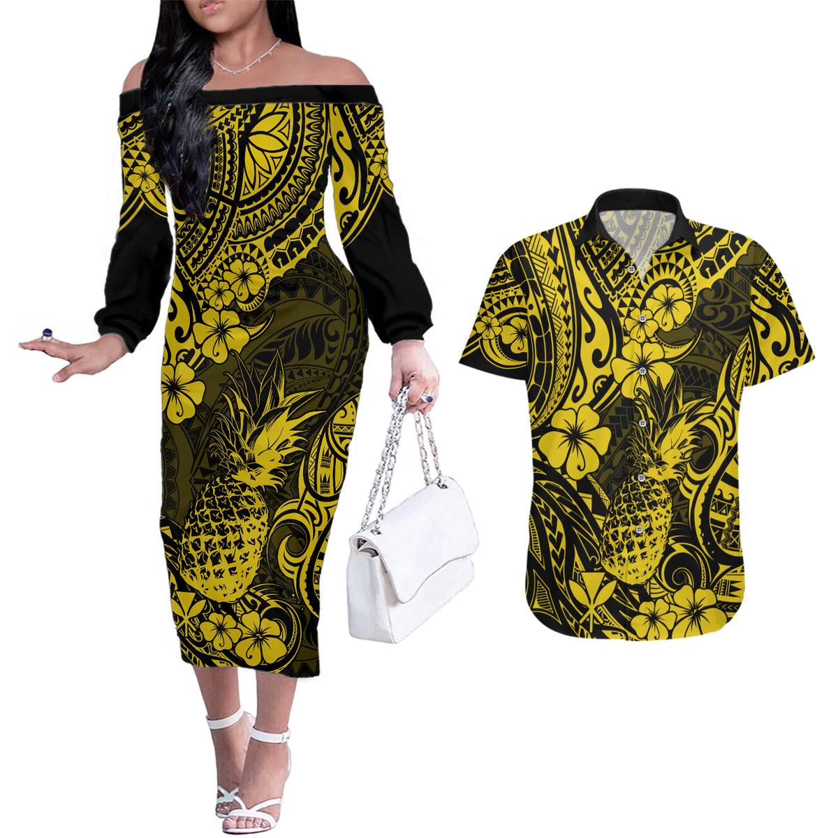 Hawaii Pineapple Couples Matching Off The Shoulder Long Sleeve Dress and Hawaiian Shirt Polynesian Pattern Yellow Version - Wonder Print Shop