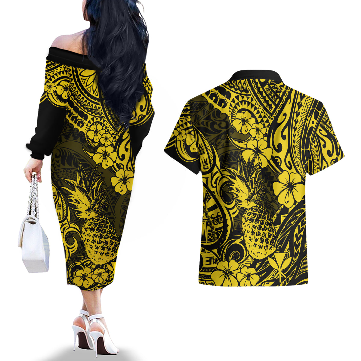 Hawaii Pineapple Couples Matching Off The Shoulder Long Sleeve Dress and Hawaiian Shirt Polynesian Pattern Yellow Version - Wonder Print Shop