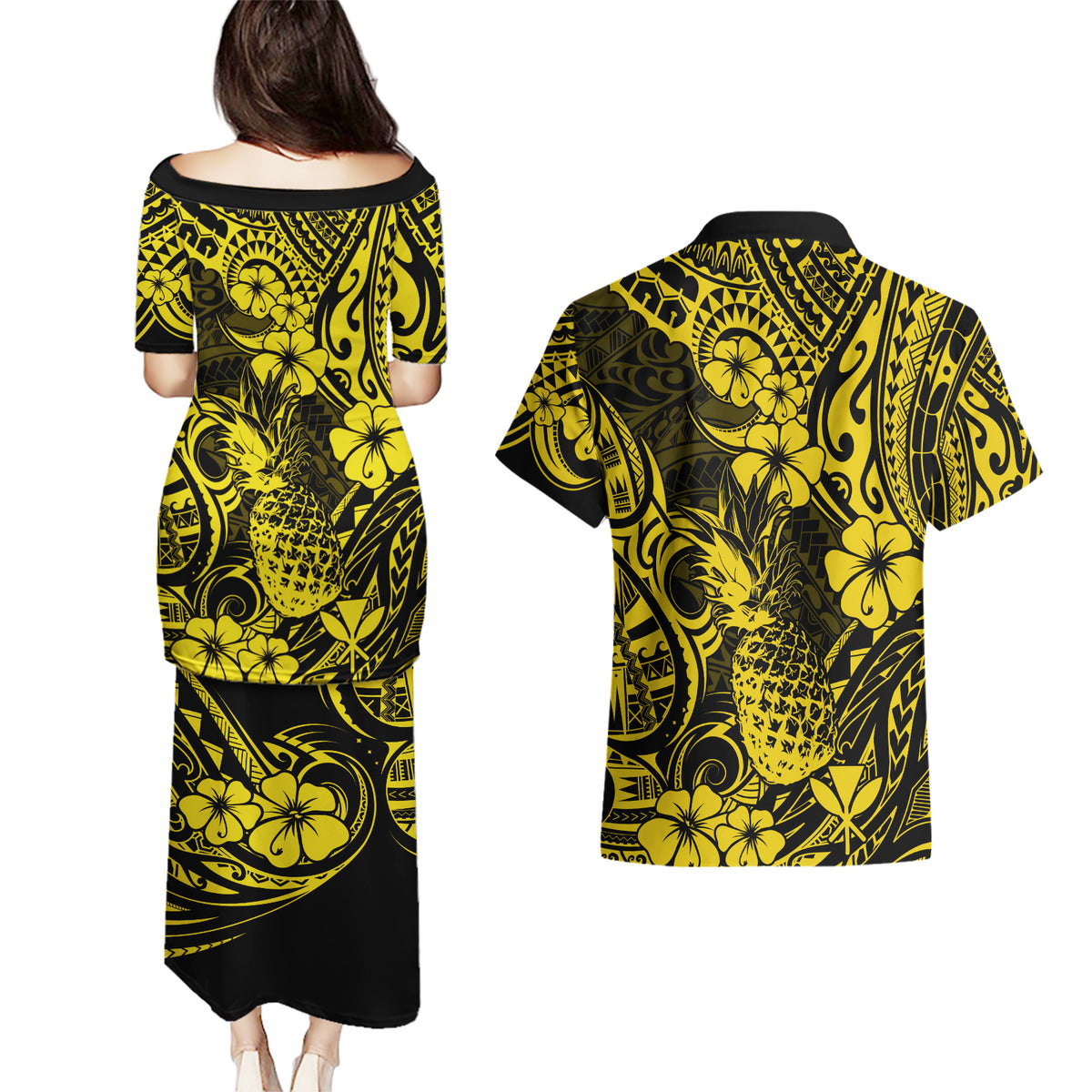 Hawaii Pineapple Couples Matching Puletasi Dress and Hawaiian Shirt Polynesian Pattern Yellow Version - Wonder Print Shop
