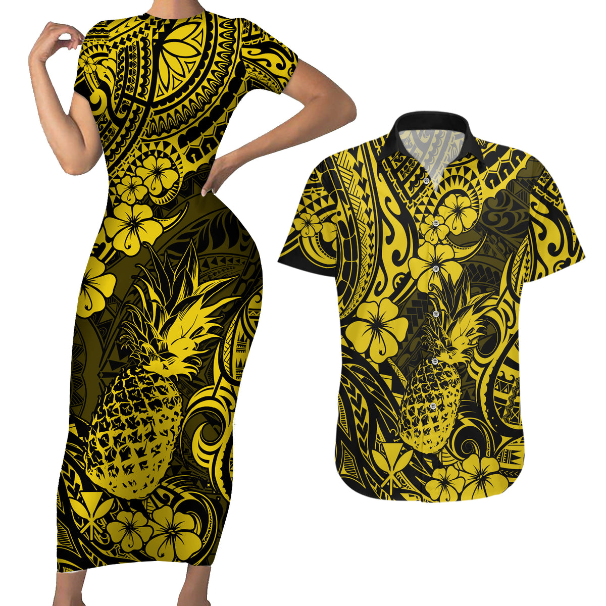 Hawaii Pineapple Couples Matching Short Sleeve Bodycon Dress and Hawaiian Shirt Polynesian Pattern Yellow Version - Wonder Print Shop