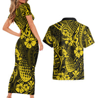 Hawaii Pineapple Couples Matching Short Sleeve Bodycon Dress and Hawaiian Shirt Polynesian Pattern Yellow Version - Wonder Print Shop