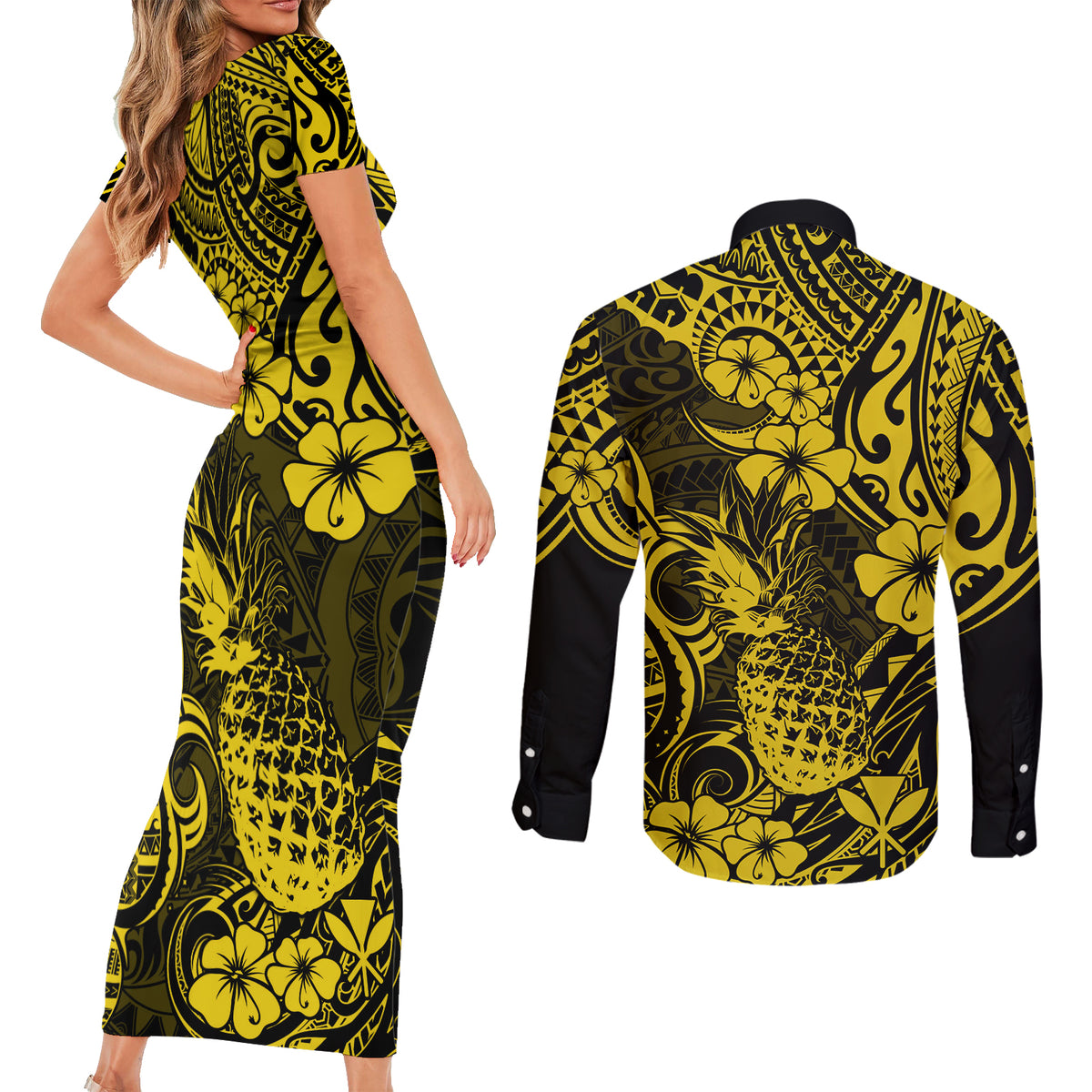 Hawaii Pineapple Couples Matching Short Sleeve Bodycon Dress and Long Sleeve Button Shirts Polynesian Pattern Yellow Version - Wonder Print Shop
