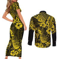 Hawaii Pineapple Couples Matching Short Sleeve Bodycon Dress and Long Sleeve Button Shirts Polynesian Pattern Yellow Version - Wonder Print Shop