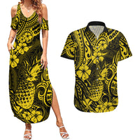 Hawaii Pineapple Couples Matching Summer Maxi Dress and Hawaiian Shirt Polynesian Pattern Yellow Version - Wonder Print Shop