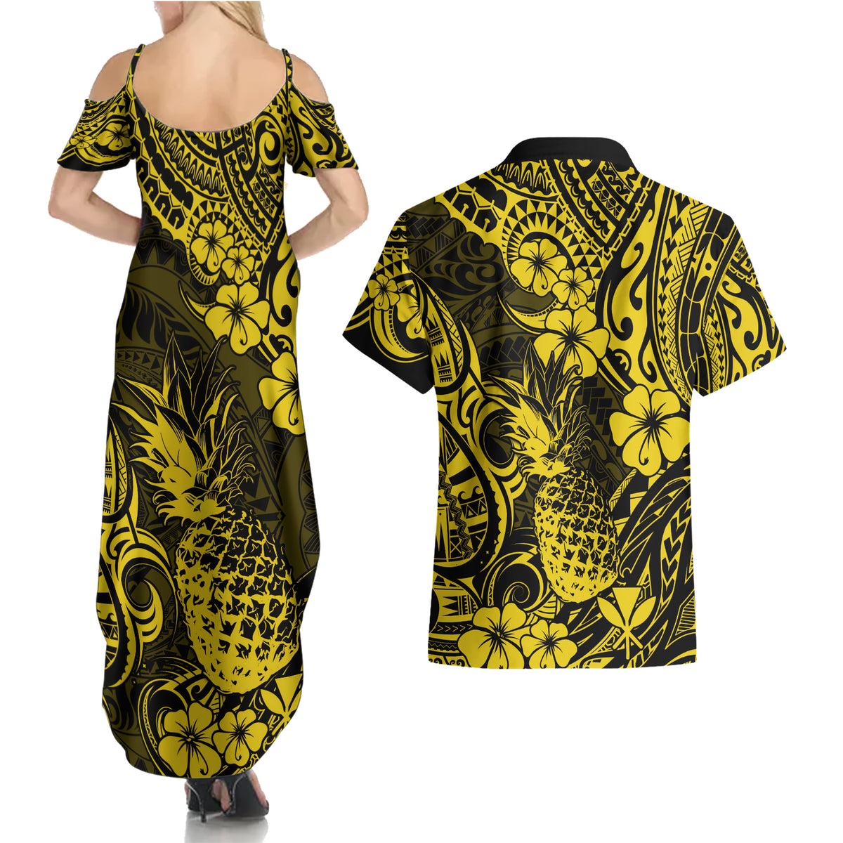 Hawaii Pineapple Couples Matching Summer Maxi Dress and Hawaiian Shirt Polynesian Pattern Yellow Version - Wonder Print Shop