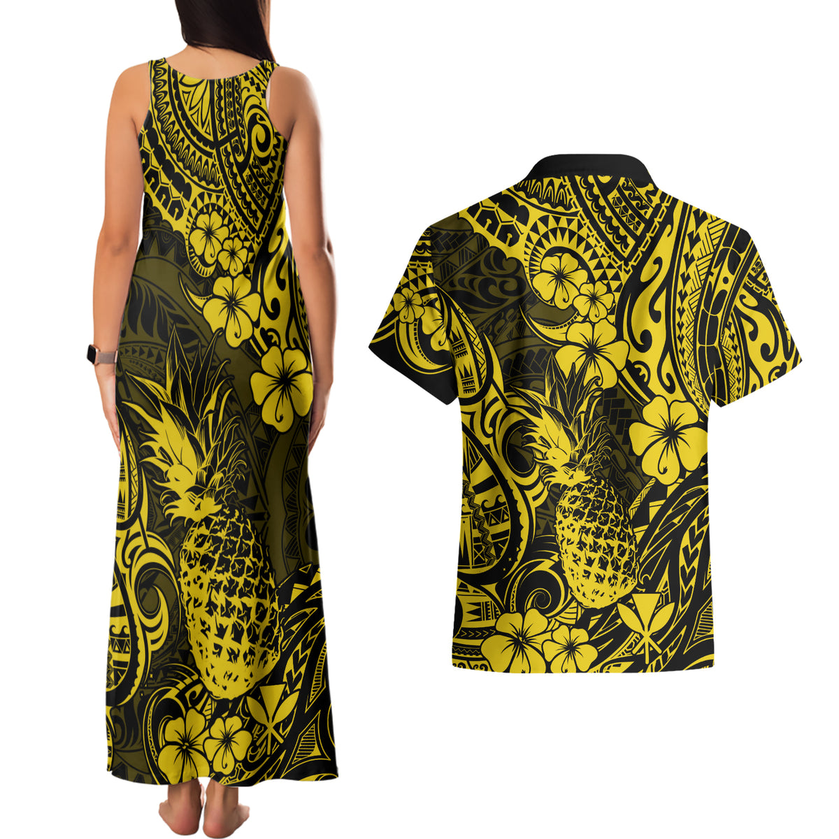 Hawaii Pineapple Couples Matching Tank Maxi Dress and Hawaiian Shirt Polynesian Pattern Yellow Version - Wonder Print Shop
