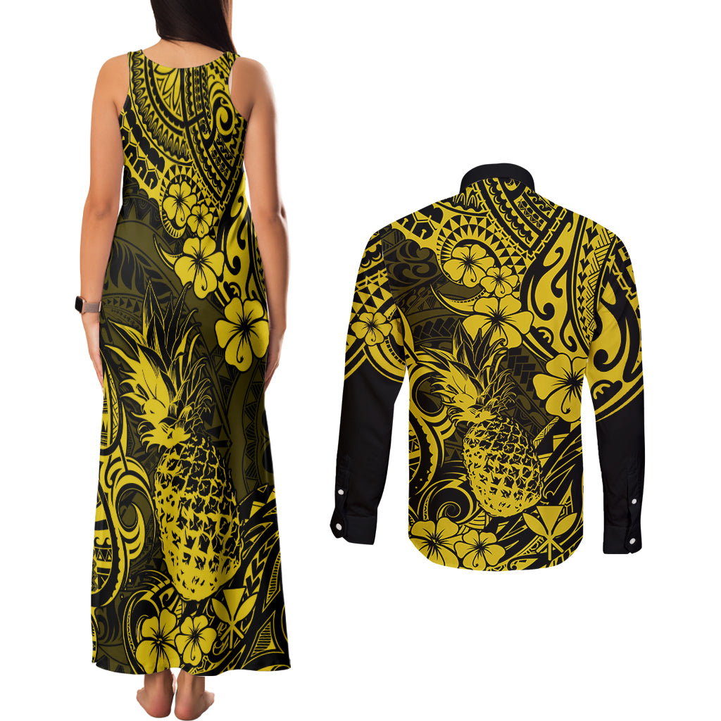 Hawaii Pineapple Couples Matching Tank Maxi Dress and Long Sleeve Button Shirts Polynesian Pattern Yellow Version - Wonder Print Shop