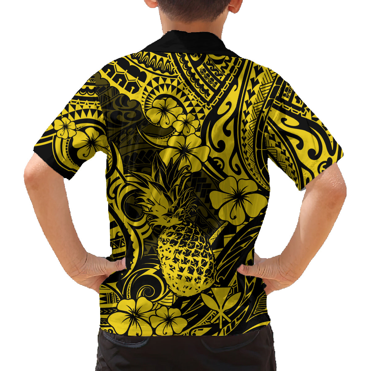 Hawaii Pineapple Family Matching Long Sleeve Bodycon Dress and Hawaiian Shirt Polynesian Pattern Yellow Version - Wonder Print Shop