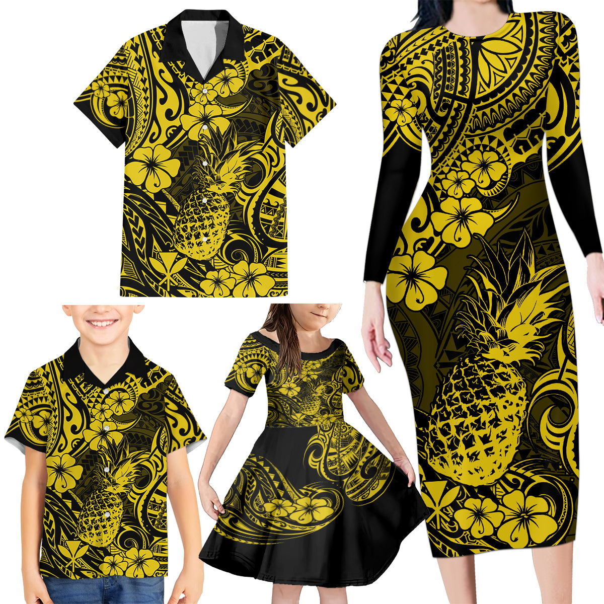 Hawaii Pineapple Family Matching Long Sleeve Bodycon Dress and Hawaiian Shirt Polynesian Pattern Yellow Version - Wonder Print Shop