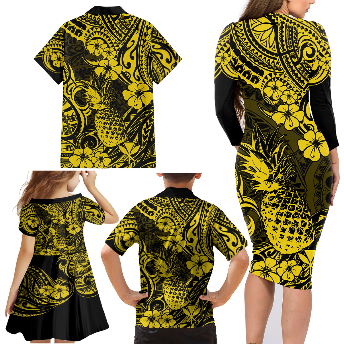 Hawaii Pineapple Family Matching Long Sleeve Bodycon Dress and Hawaiian Shirt Polynesian Pattern Yellow Version - Wonder Print Shop