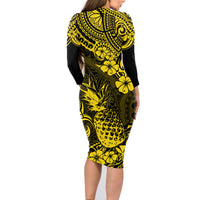 Hawaii Pineapple Family Matching Long Sleeve Bodycon Dress and Hawaiian Shirt Polynesian Pattern Yellow Version - Wonder Print Shop