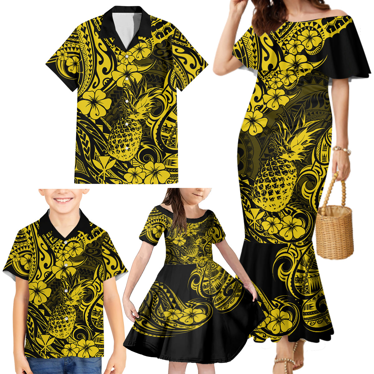 Hawaii Pineapple Family Matching Mermaid Dress and Hawaiian Shirt Polynesian Pattern Yellow Version - Wonder Print Shop